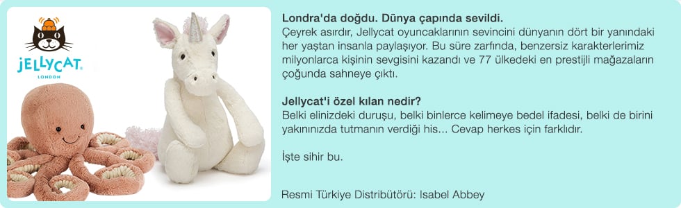 Londra'da doğdu. Dünya çapında sevildi. Çeyrek asırdır, Jellycat oyuncaklarının sevincini dünyanın dört bir yanındaki her yaştan insanla paylaşıyor. Bu süre zarfında, benzersiz karakterlerimiz milyonlarca kişinin sevgisini kazandı ve 77 ülkedeki en prestijli mağazaların çoğunda sahneye çıktı.  Jellycat'i özel kılan nedir? Belki elinizdeki duruşu, belki binlerce kelimeye bedel ifadesi, belki de birini yakınınızda tutmanın verdiği his... Cevap herkes için farklıdır. İşte sihir bu.